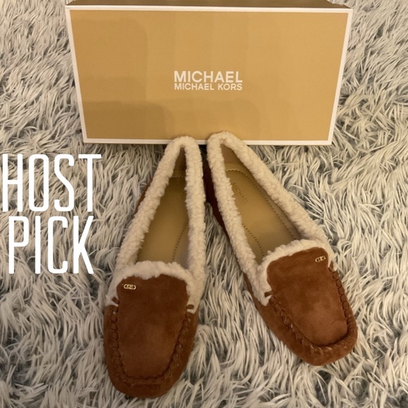 MICHAEL Michael Kors Shoes - MICHAEL Michael Kors Brown Suede Moccasin Slippers with Cream Shearling Trim